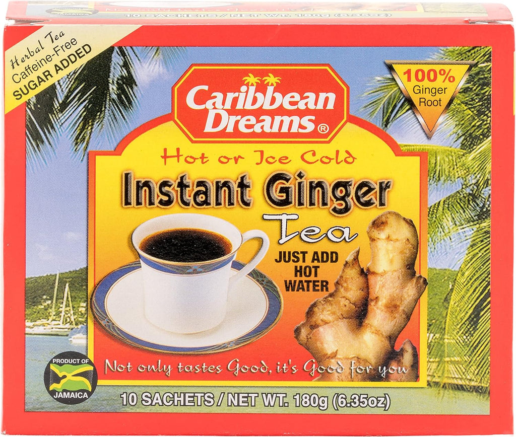 Caribbean Dreams Instant Ginger Tea, 100% Natural from Jamaica, Strong Taste and Aroma, 10 Sachets