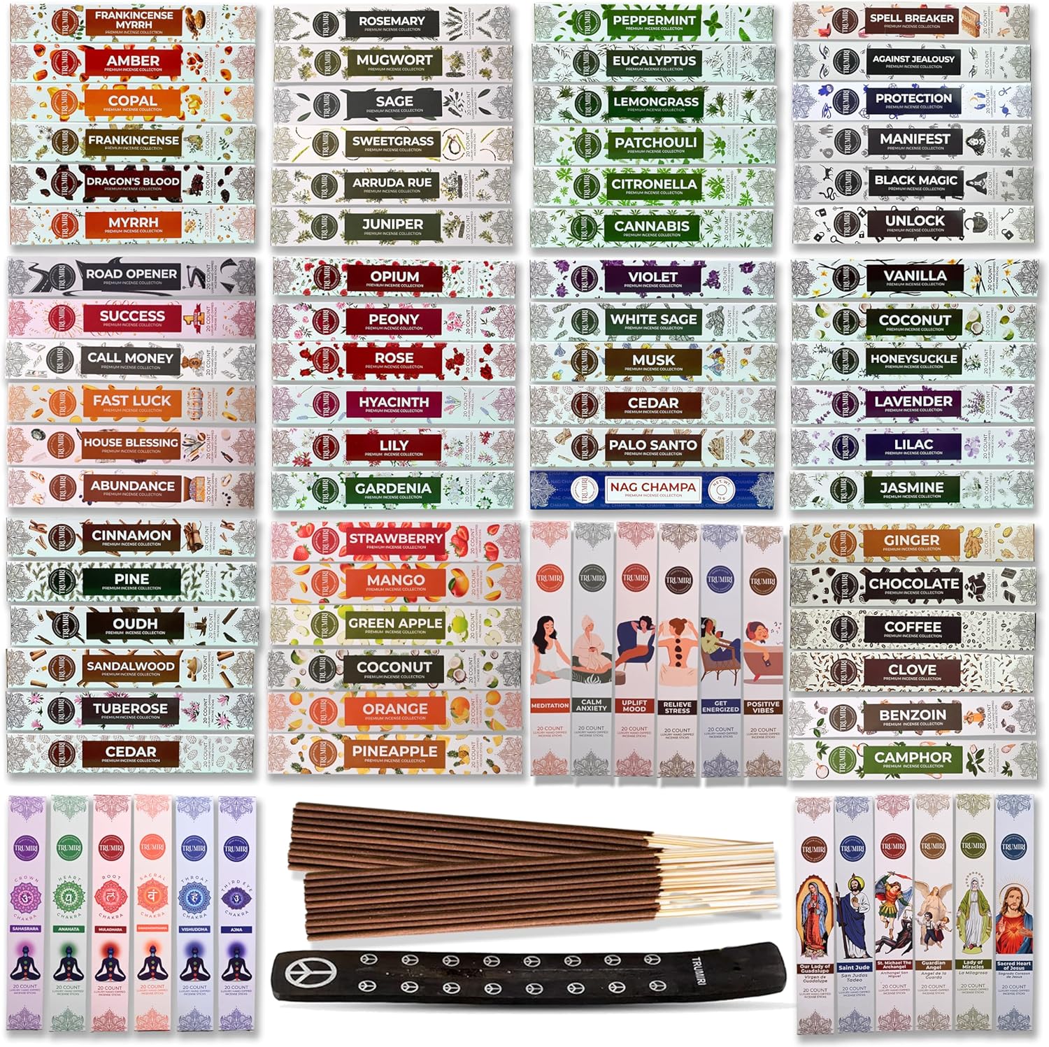 Trumiri Incense - 6 Random Scents Variety Pack - 20 Incense Sticks per Scent - Total 120 Incense + Holder Burner