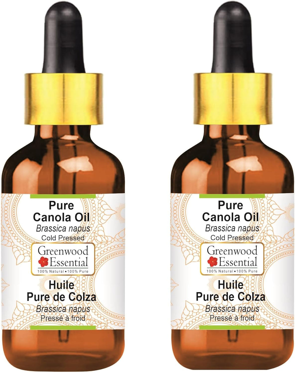 Greenwood Essential Pure Canola Oil (Brassica napus) with Glass Dropper Cold Pressed (Pack of Two) 100ml X 2 (6.76 oz)