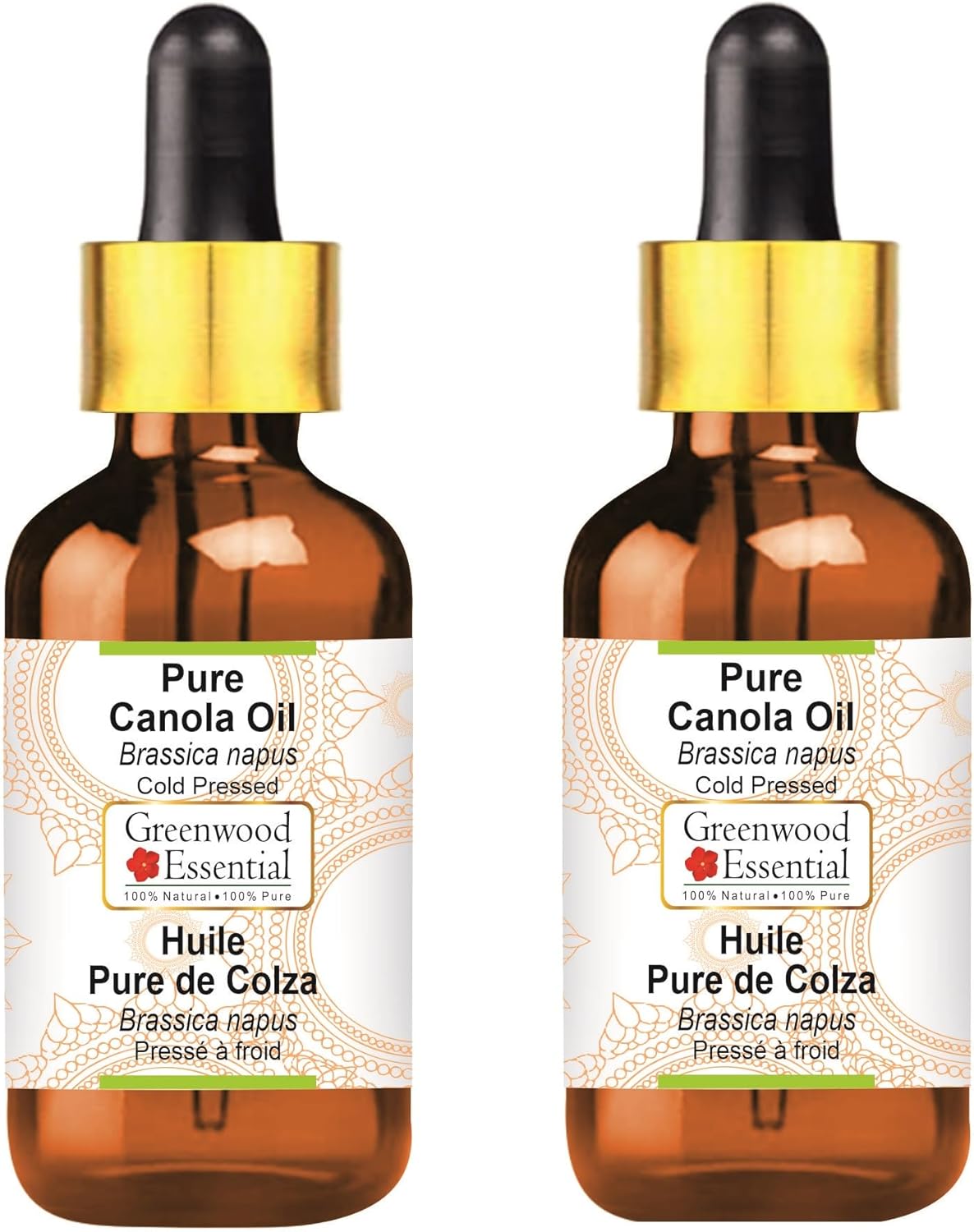Greenwood Essential Pure Canola Oil (Brassica napus) with Glass Dropper Cold Pressed (Pack of Two) 100ml X 2 (6.76 oz)