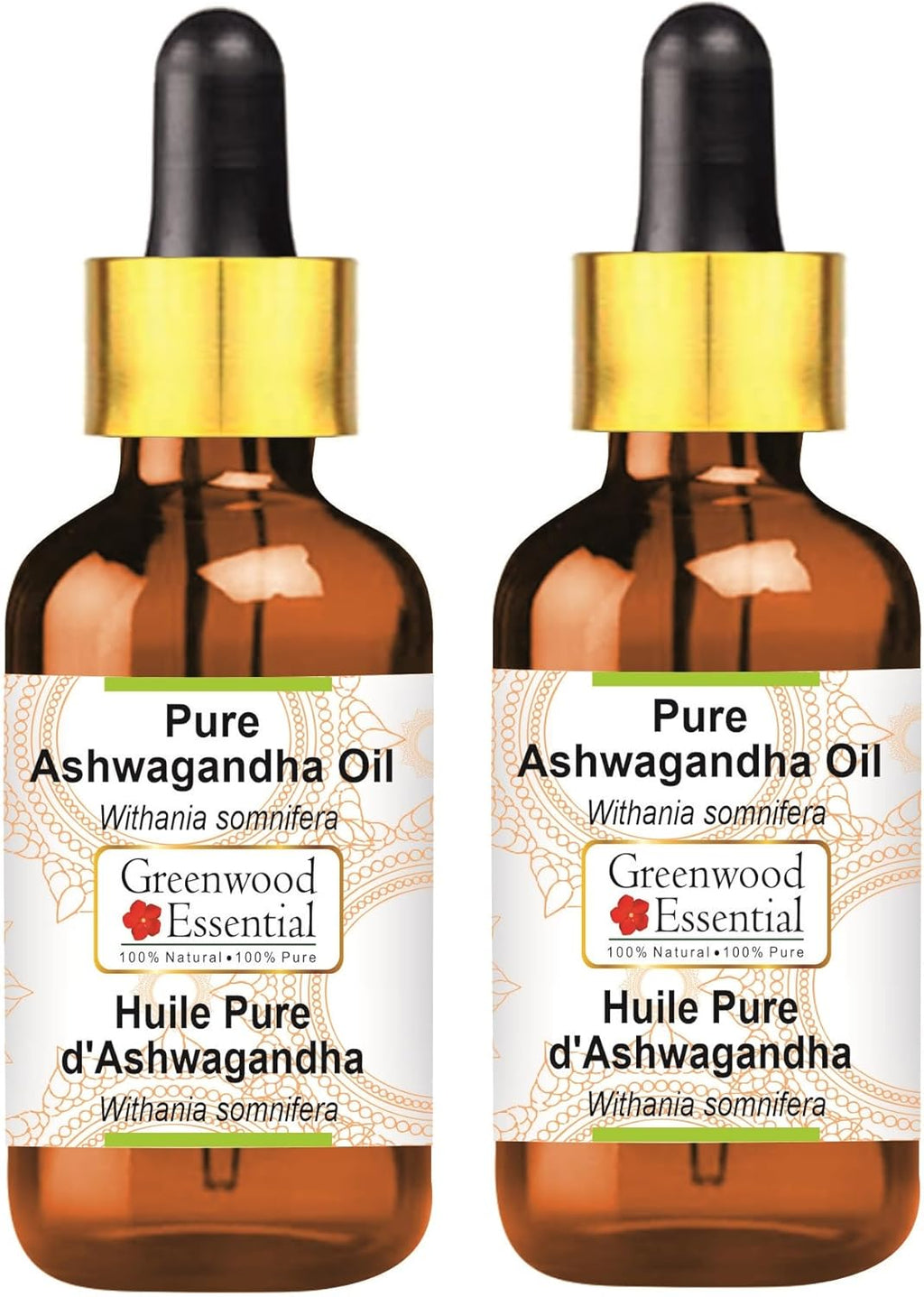 Greenwood Essential Pure Ashwagandha Oil (Withania somnifera) with Glass Dropper Premium Therapeutic Grade for Hair, Skin & Aromatherapy (Pack of Two) 100ml X 2 (6.76 oz)