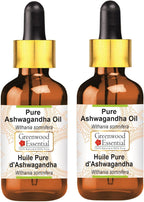 Greenwood Essential Pure Ashwagandha Oil (Withania somnifera) with Glass Dropper Premium Therapeutic Grade for Hair, Skin & Aromatherapy (Pack of Two) 100ml X 2 (6.76 oz)