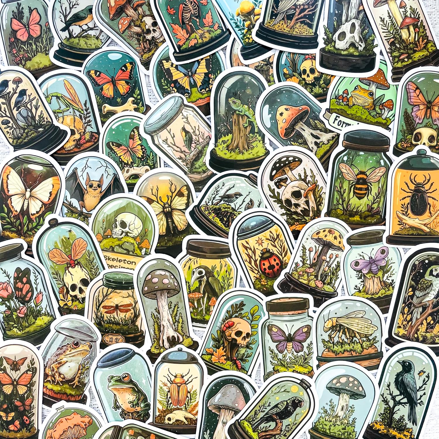50 Pcs Vintage Gothic Stickers – Mystic Mushrooms, Skulls, Butterflies, Insects & Birds in Cloche Bottle Stickers for Journals, Scrapbooks, Phone Cases, Laptops, Halloween Projects