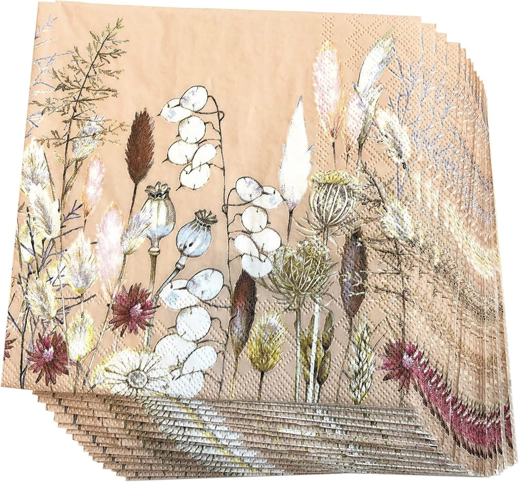 20 Counts 6.5 x 6.5 inches 3-Ply Tan Floral Decorative Napkins for Decoupage, Nature Themed Events, Eco-Friendly & Biodegradable
