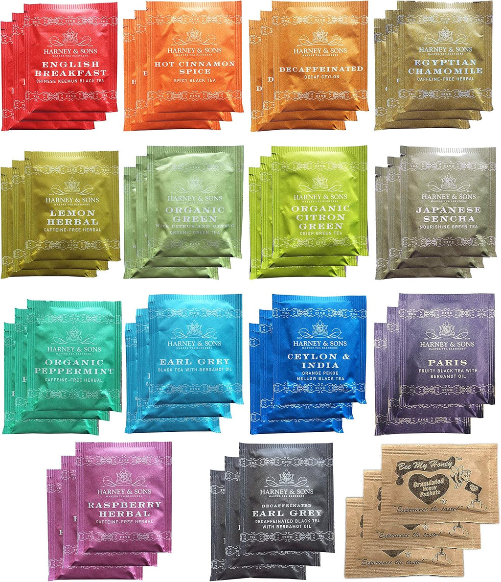 Harney & Sons Assorted Tea Bag Sampler Bundle 42 Count With Honey Crystal Packs Great for Birthday, Hostess and Co-worker Gifts, Tea Set Gifts, Tea Variety Pack