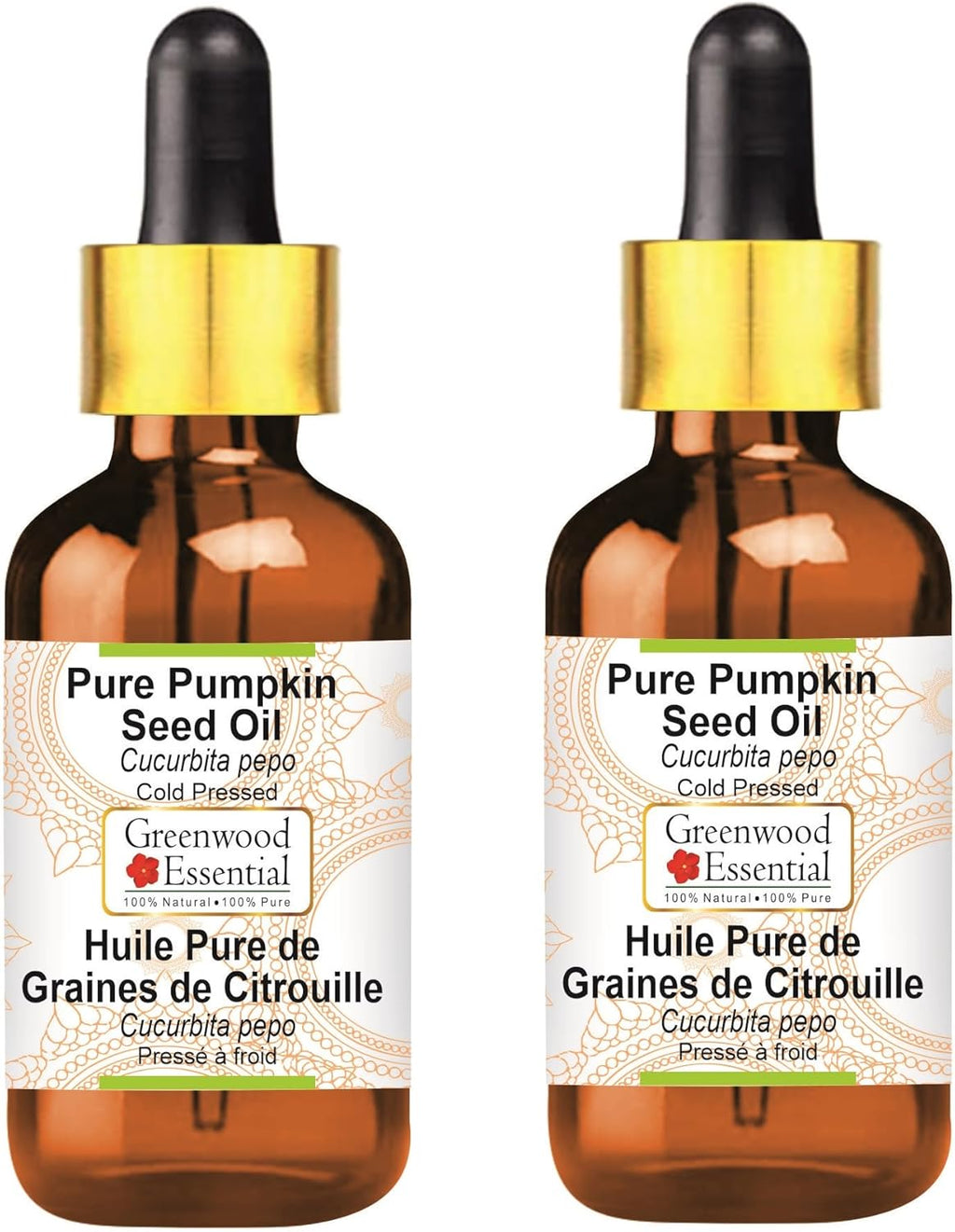 Greenwood Essential Pure Pumpkin Seed Oil (Cucurbita pepo) with Glass Dropper Cold Pressed (Pack of Two) 100ml X 2 (6.76 oz)