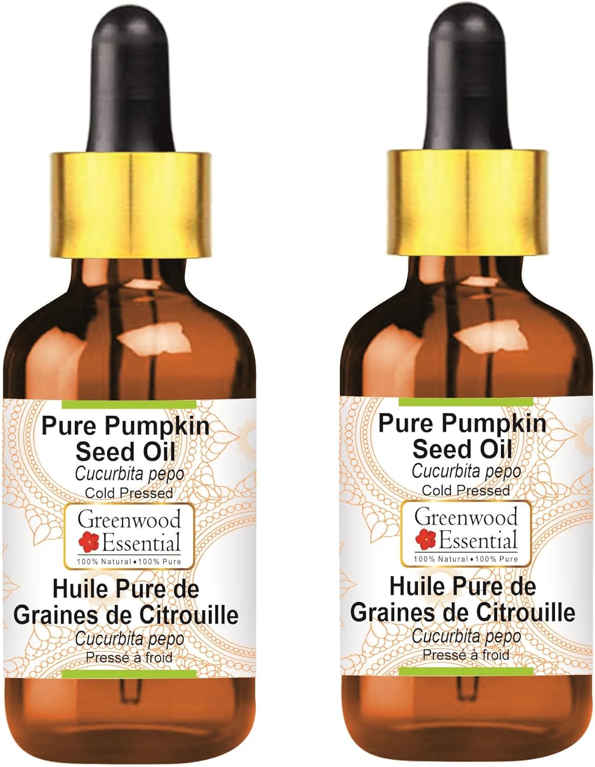 Greenwood Essential Pure Pumpkin Seed Oil (Cucurbita pepo) with Glass Dropper Cold Pressed (Pack of Two) 100ml X 2 (6.76 oz)