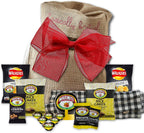 British Marmite Gift set by The Yummy Palette | British Food Marmite Squeezy Walkers Marmite Crisps Marmite Cashews Rice Cakes in Basically British Rustic Gift Bag with Traditional Tea Towel