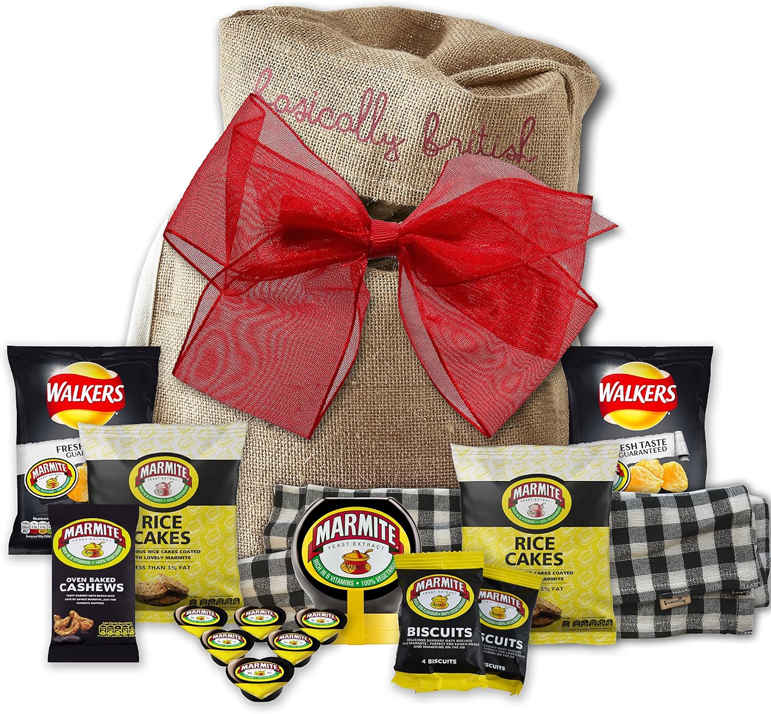 British Marmite Gift set by The Yummy Palette | British Food Marmite Squeezy Walkers Marmite Crisps Marmite Cashews Rice Cakes in Basically British Rustic Gift Bag with Traditional Tea Towel