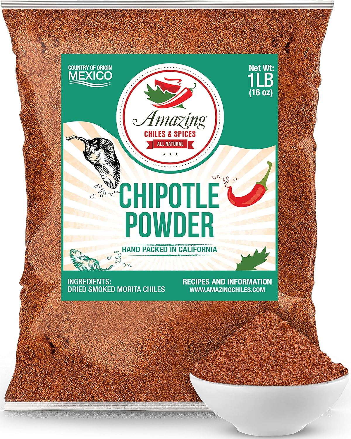 Chipotle Chili Powder Seasoning 1 LB (16oz) – Natural and Premium. Great For Meats, Grilling Rubs, Sauces, Salsa. Medium to High Heat - Sweet & Smoky Flavor. By Amazing Chiles & Spices.