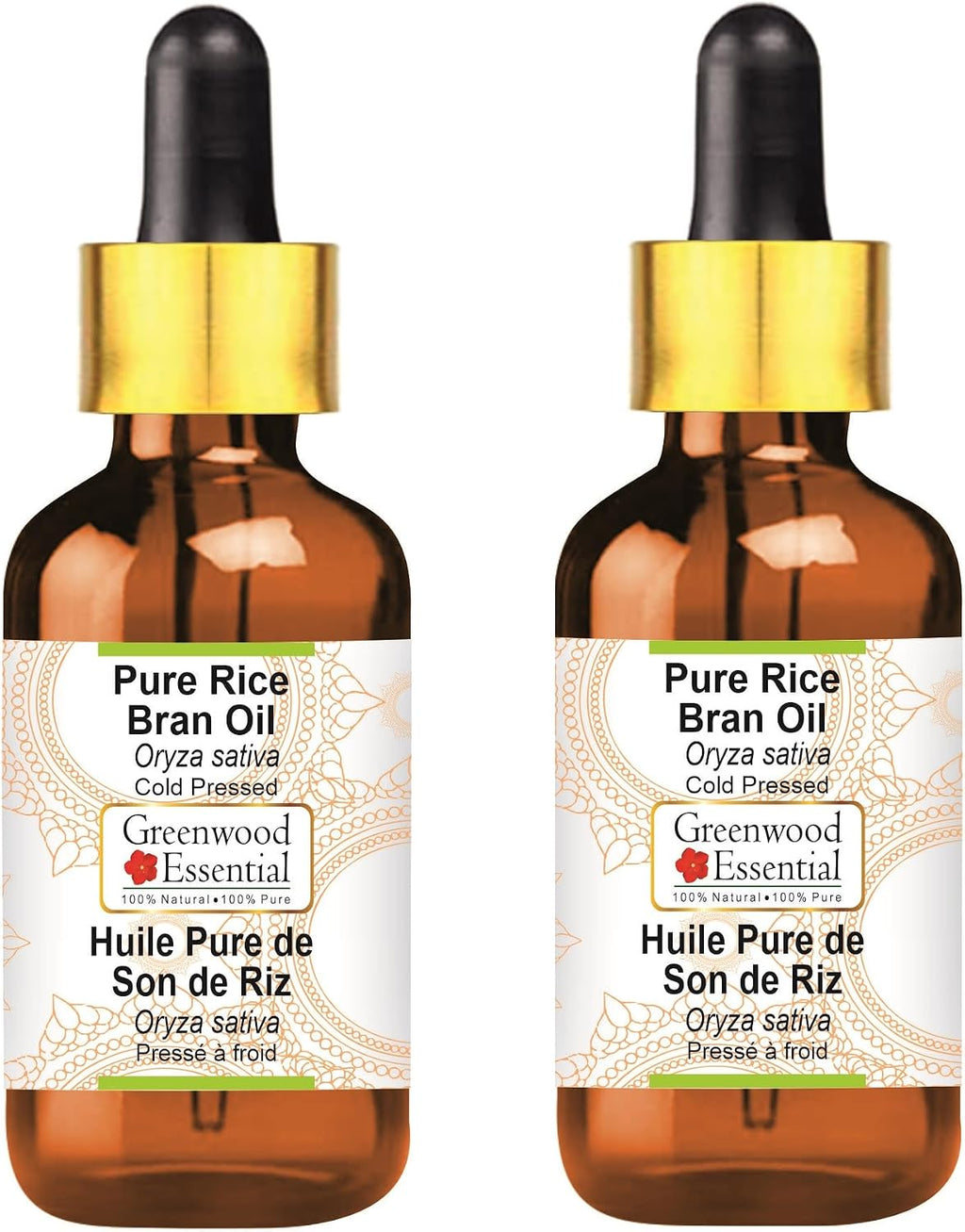Greenwood Essential Pure Rice Bran Oil (Oryza Sativa) with Glass Dropper Cold Pressed (Pack of Two) 100ml X 2 (6.76 oz)