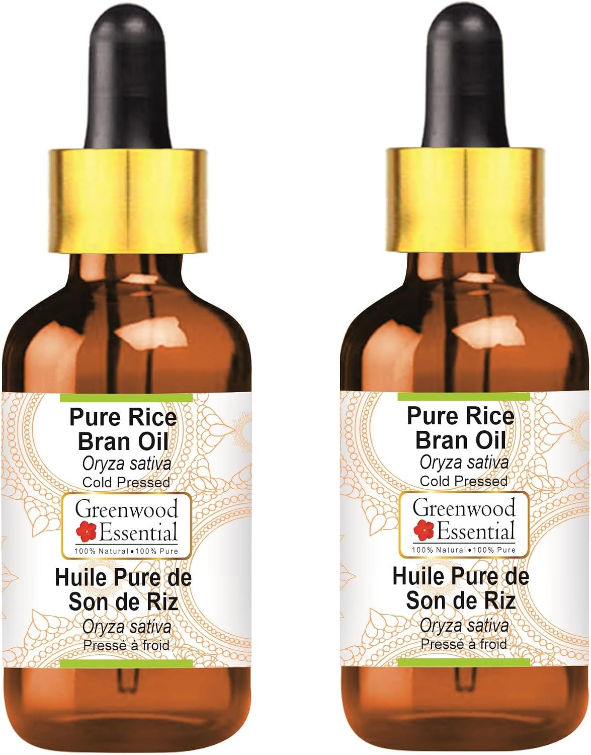 Greenwood Essential Pure Rice Bran Oil (Oryza Sativa) with Glass Dropper Cold Pressed (Pack of Two) 100ml X 2 (6.76 oz)