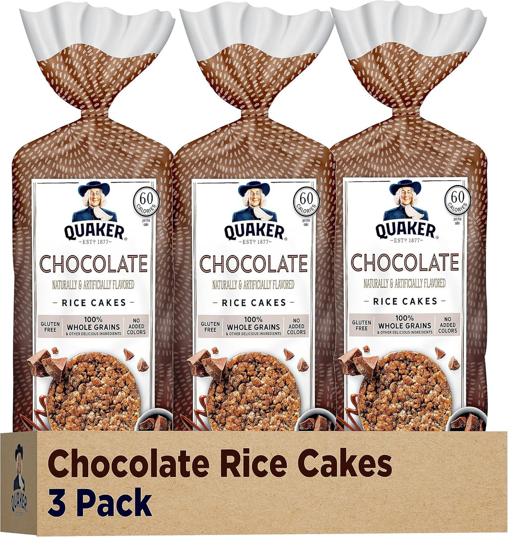 Quaker Large Rice Cakes, Chocolate, 7.23 oz Bags, (3 Pack), Gluten Free, Whole Grain, No Added Colors