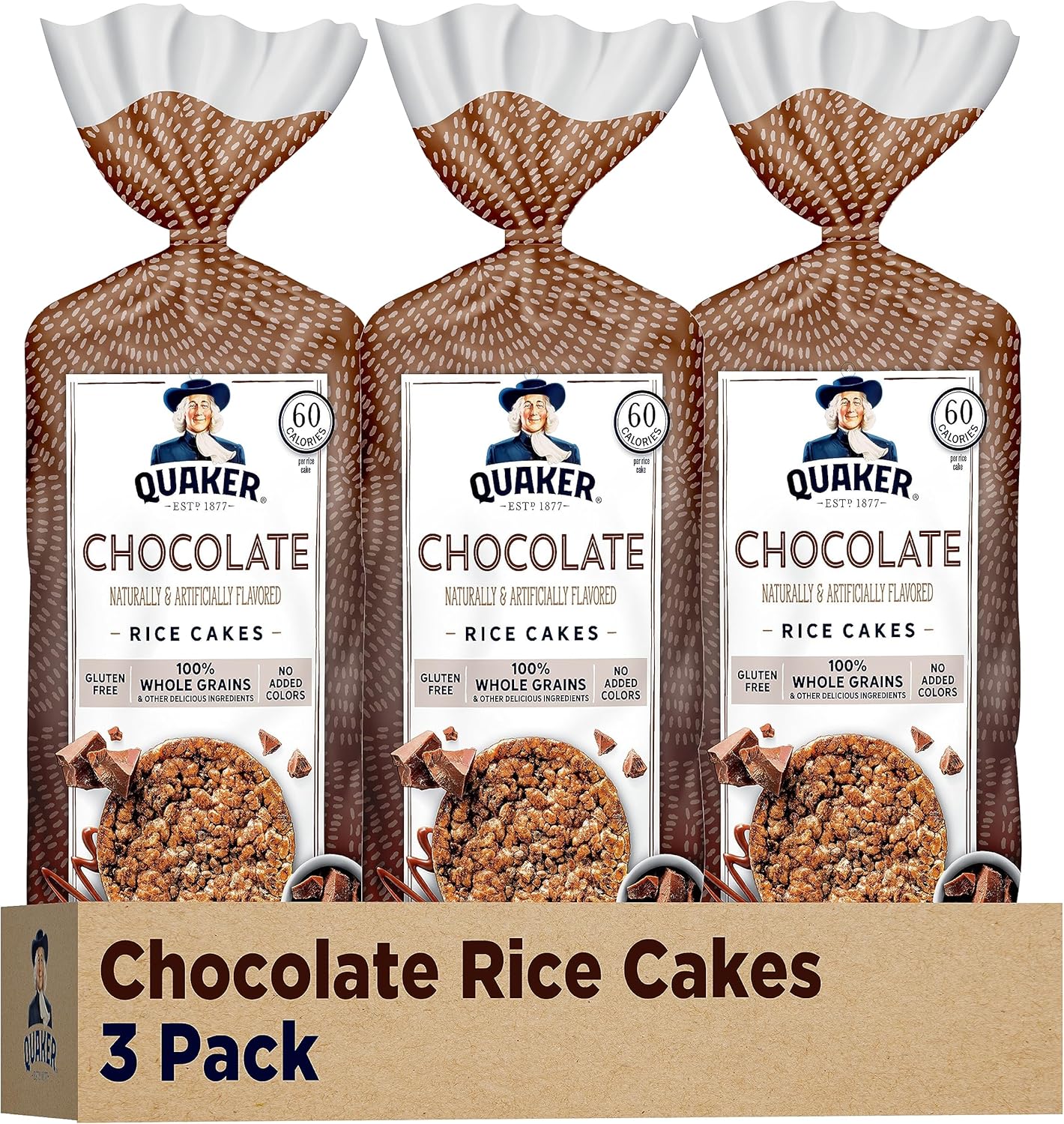 Quaker Large Rice Cakes, Chocolate, 7.23 oz Bags, (3 Pack), Gluten Free, Whole Grain, No Added Colors