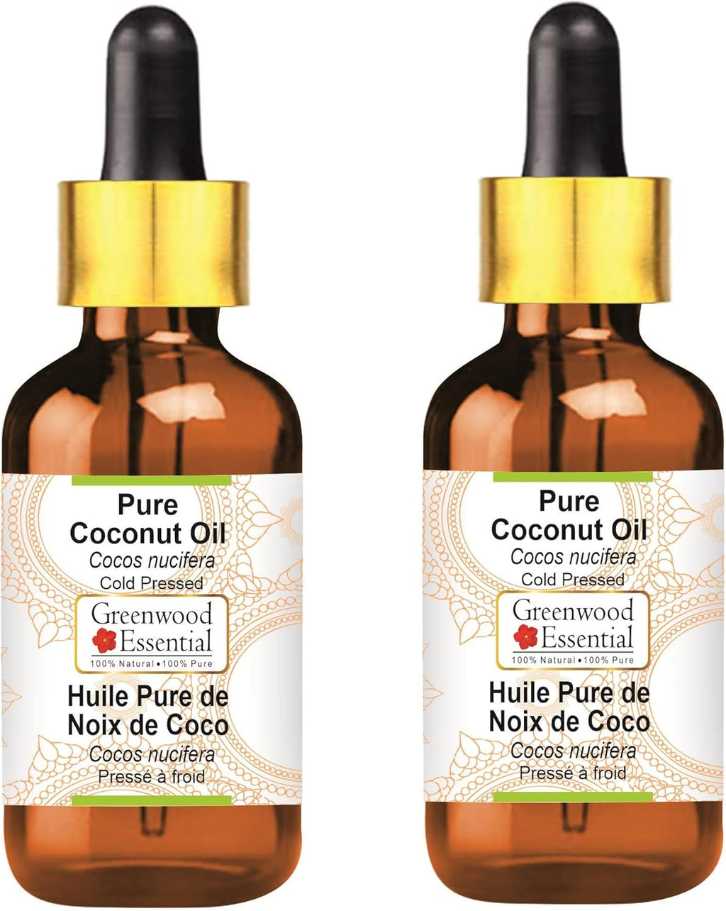 Greenwood Essential Pure Coconut Oil (Cocos nucifera) with Glass Dropper Cold Pressed (Pack of Two) 100ml X 2 (6.76 oz)