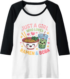Womens Just A Girl Who Loves Ramen & Boba Raglan Baseball Tee