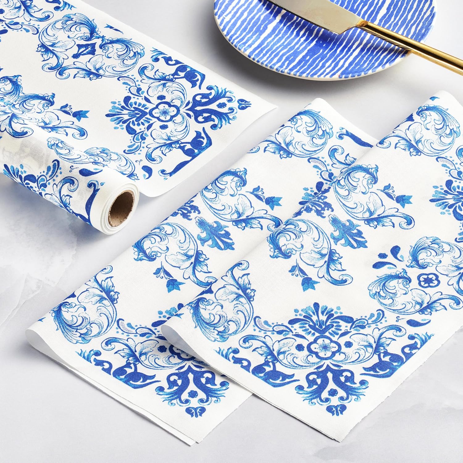CECI X MY DRAP Mediterranean Tile Cotton Dinner Napkins, Single-use or Reusable (11.8" x 11.8" - 12 Units per Roll)