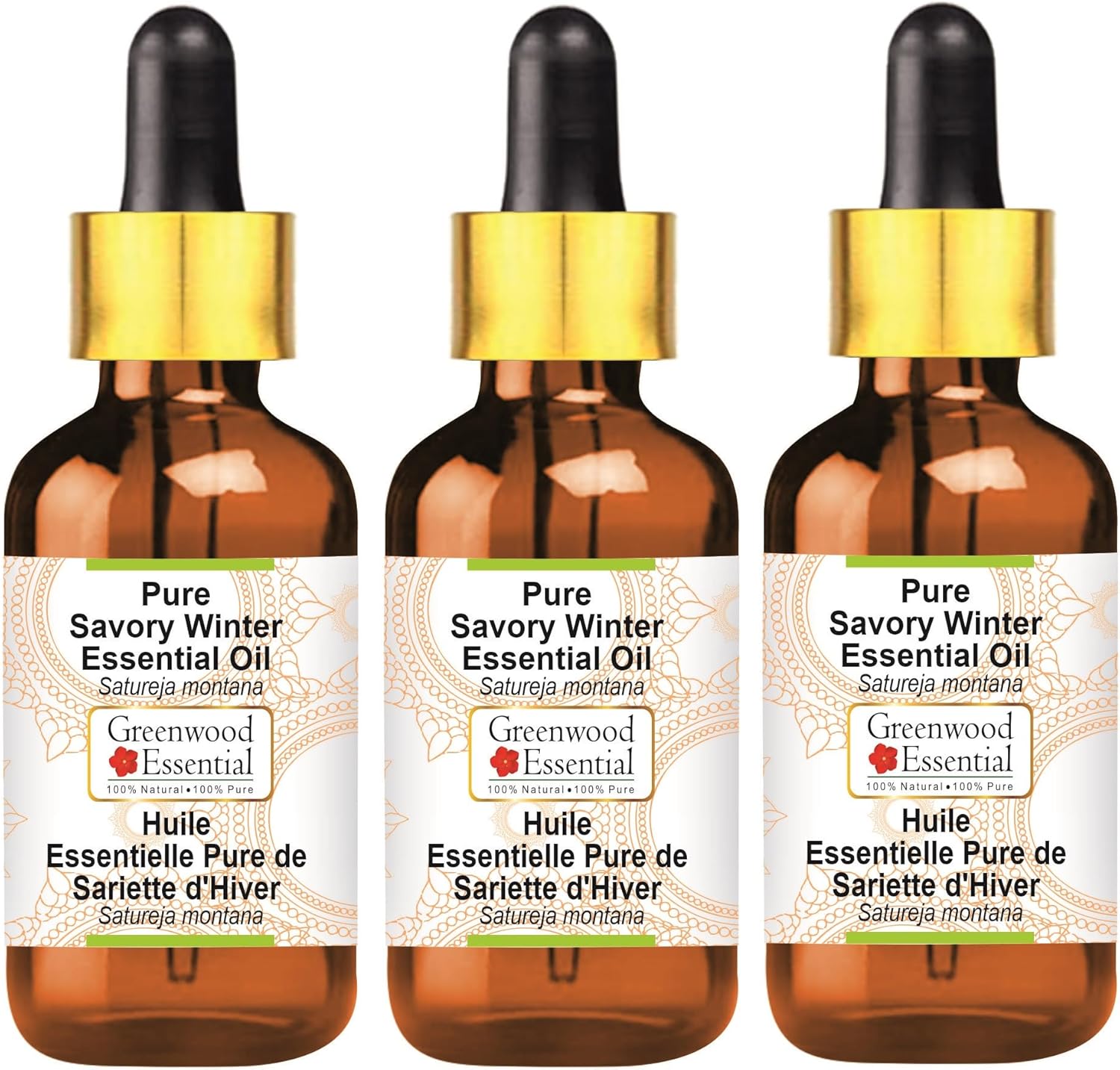 Greenwood Essential Pure Savory Winter Essential Oil (Satureja Montana) with Glass Dropper Steam Distilled (Pack of Three) 100ml X 3 (10 oz)