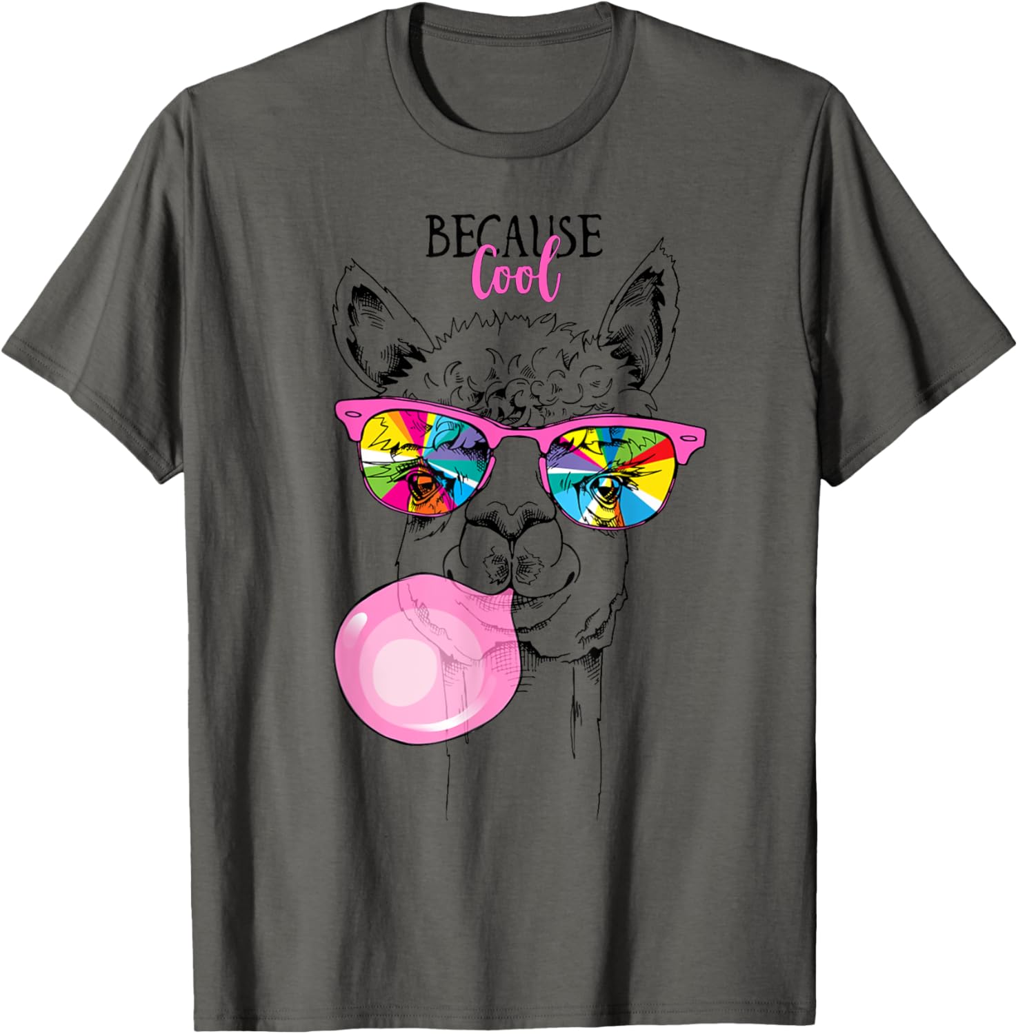 Funny Llama in a rainbow glasses, pink bubble gum funny T-Shirt