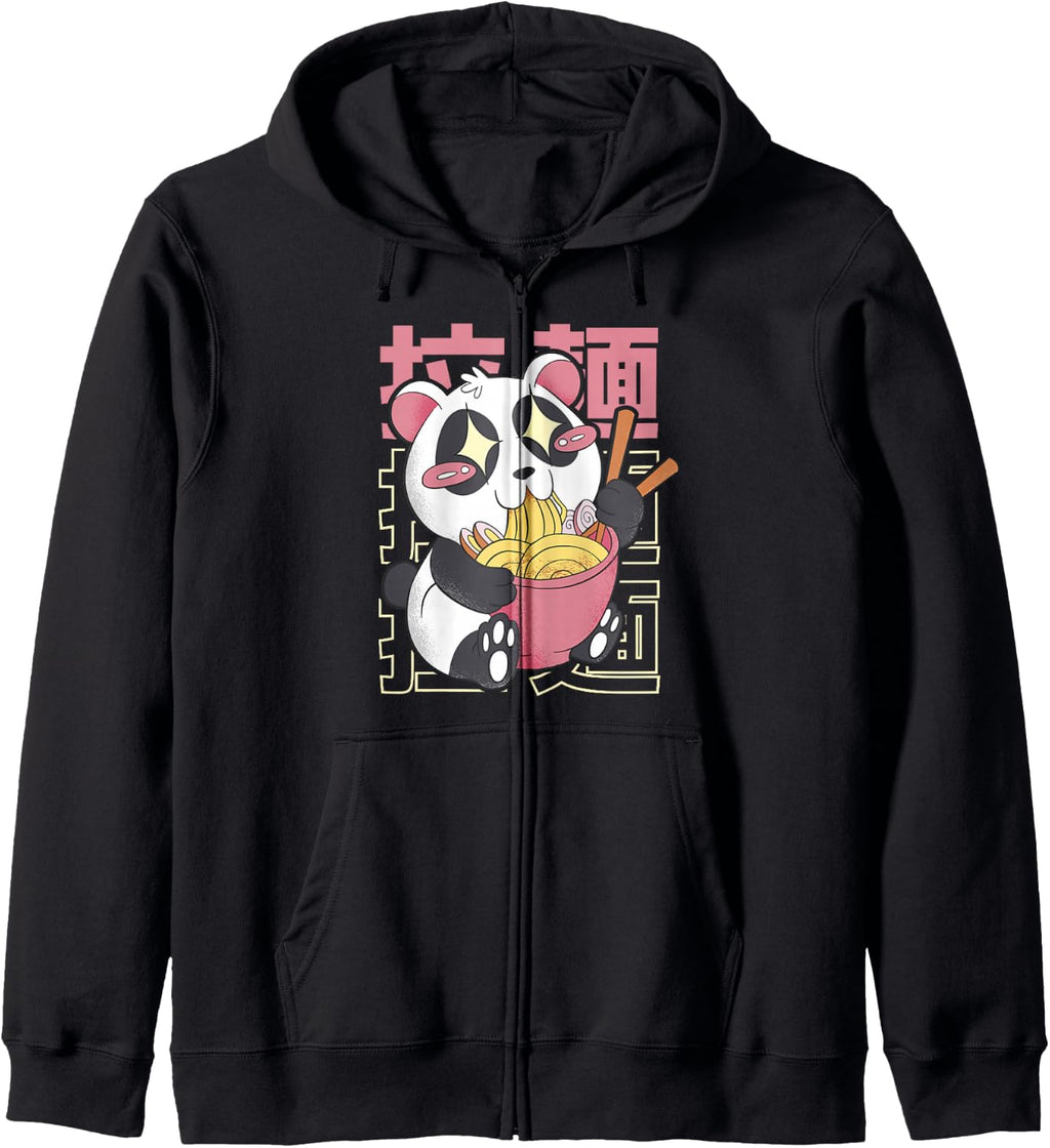 Kawaii Panda Eating Ramen Noodles Japanese Girls Teen Anime Zip Hoodie
