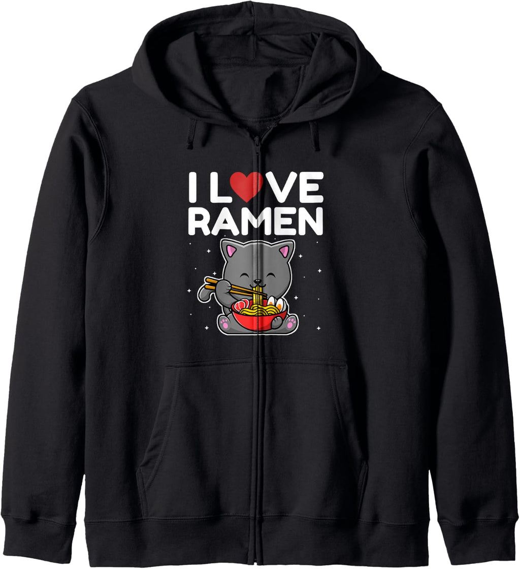 I Heart Love Ramen Japanese Noodles Funny Anime Cat Kawaii Zip Hoodie