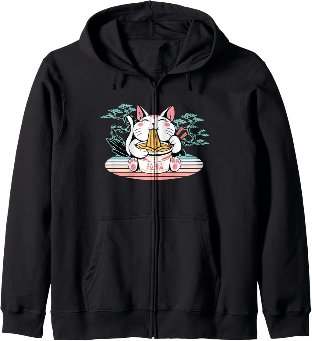 Kawaii Cat Neko Eating Ramen Noodle Soup Japanese Aesthetic Zip Hoodie