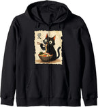 Cute Anime Cat Eating Ramen Japanese Noodle Graphic Art Zip Hoodie