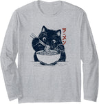 Vintage Kawaii Cat Eating Ramen Japanese Anime Aesthetic Long Sleeve T-Shirt