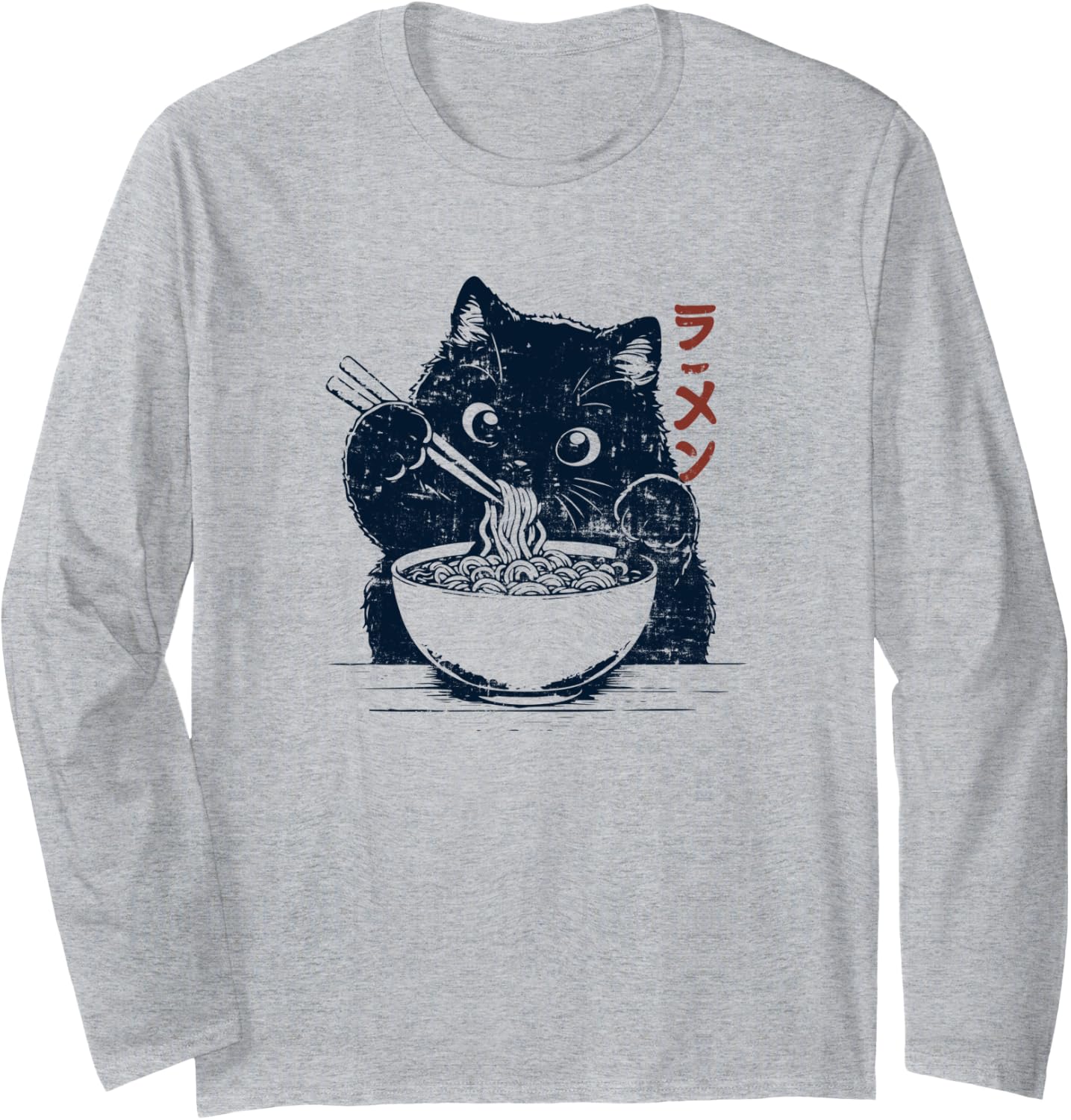 Vintage Kawaii Cat Eating Ramen Japanese Anime Aesthetic Long Sleeve T-Shirt