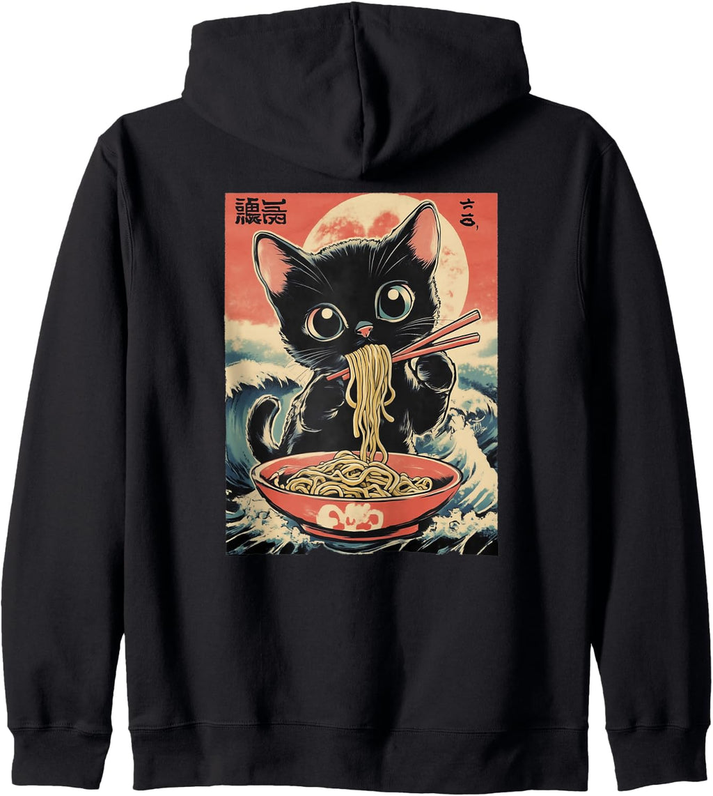 Ramen Cat Anime Eating Kids Women Girls Kawaii Japanese Zip Hoodie