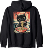 Ramen Cat Anime Eating Kids Women Girls Kawaii Japanese Zip Hoodie