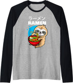 Kawaii Anime Sloth Eating Japanese Ramen Noodle Soup Raglan Baseball Tee