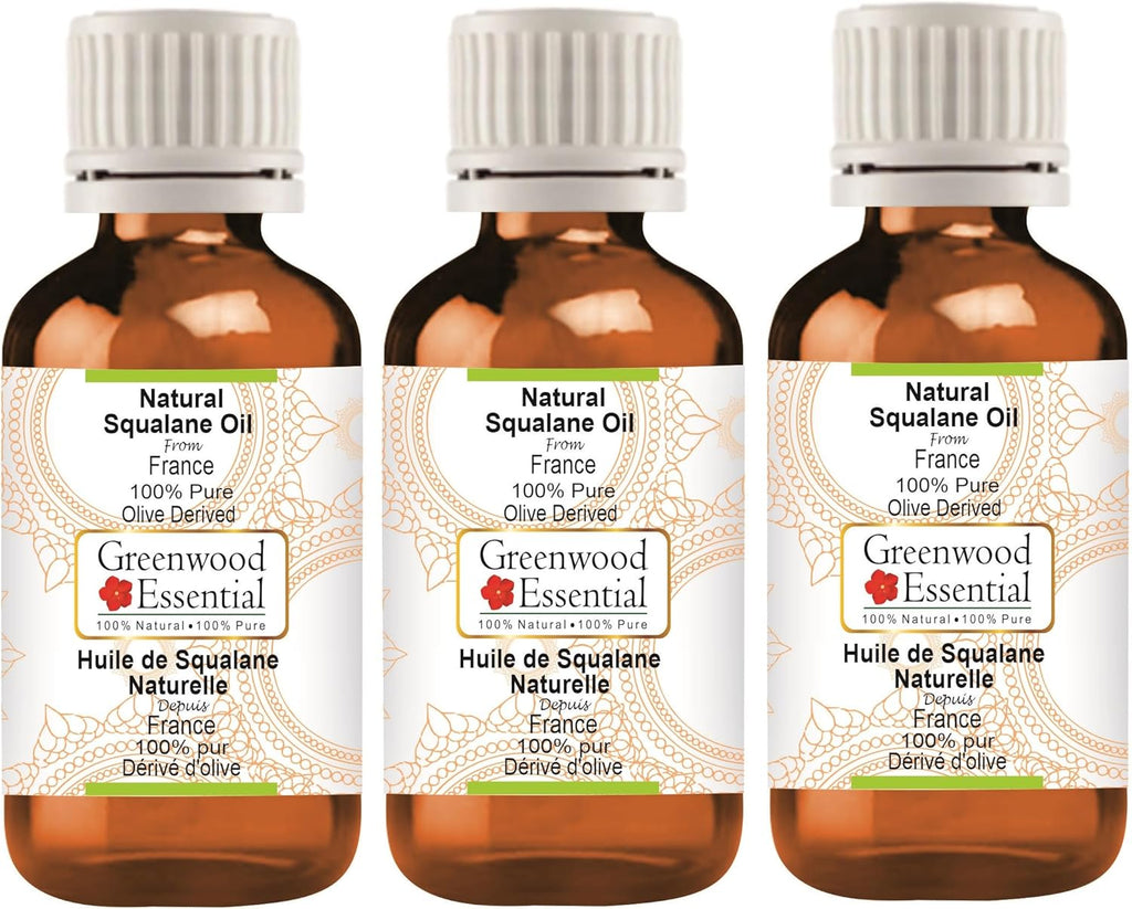 Greenwood Essential Pure Natural Squalane Oil (derived from Olives) Natural Therapeutic Grade for Hair, Skin & Aromatherapy (Pack of Three) 100ml X 3 (10 oz)