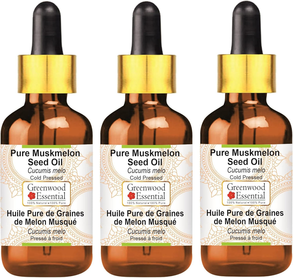 Greenwood Essential Pure Muskmelon Seed Oil (Cucumis melo) with Glass Dropper Cold Pressed (Pack of Three) 100ml X 3 (10 oz)