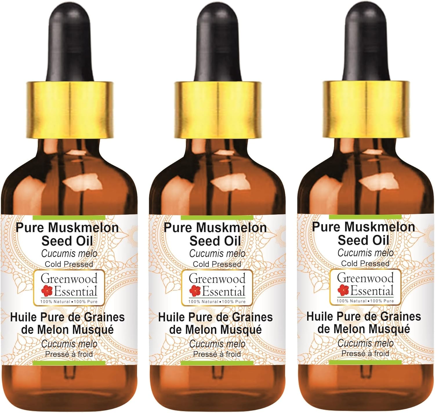 Greenwood Essential Pure Muskmelon Seed Oil (Cucumis melo) with Glass Dropper Cold Pressed (Pack of Three) 100ml X 3 (10 oz)