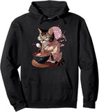 Cat Eating Ramen Noodles Funny Japanese Anime Manga Tattoo Pullover Hoodie