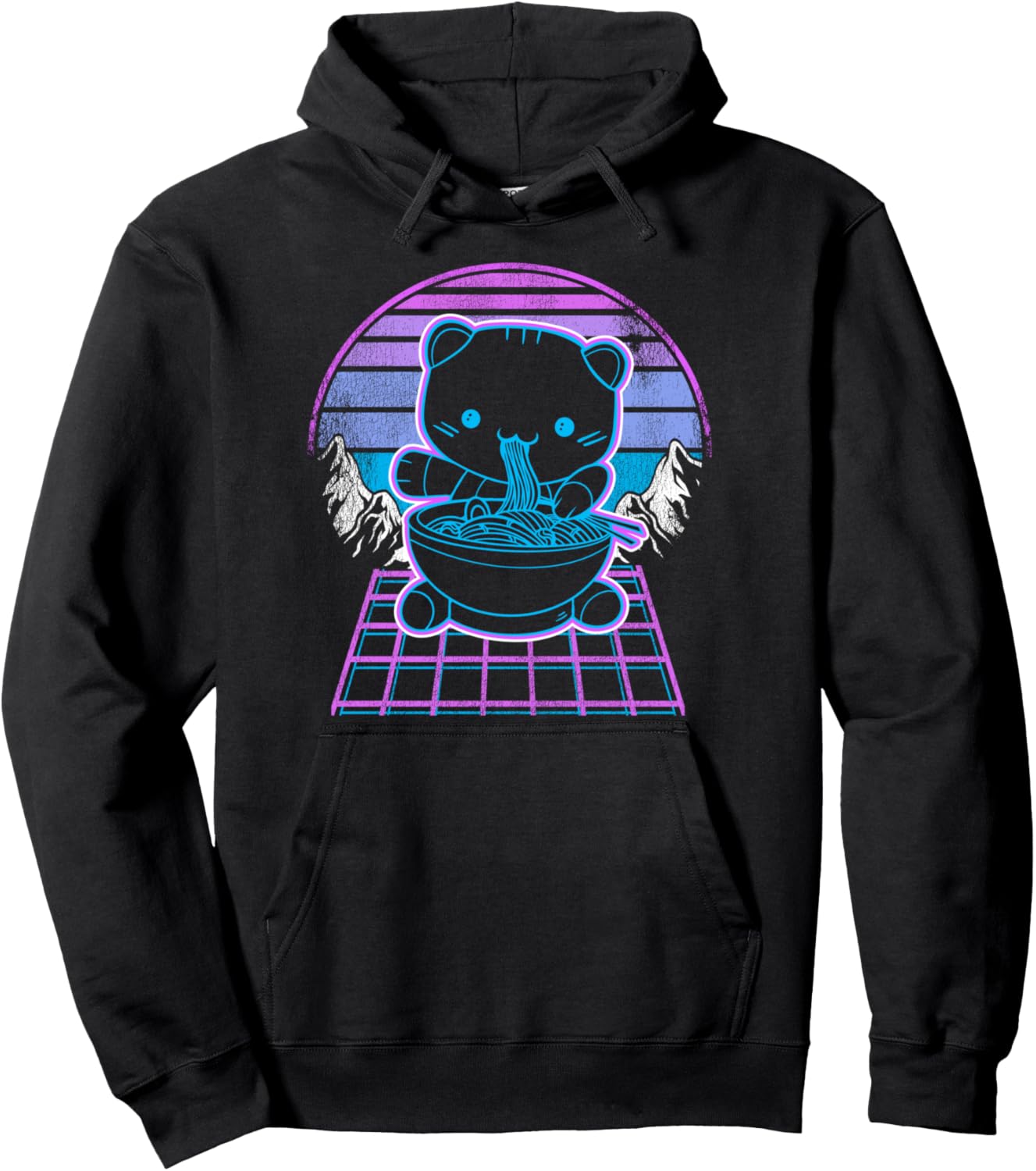 Ramen Cat Kawaii Retrowave Sunset 80s Vaporwave Aesthetic Pullover Hoodie