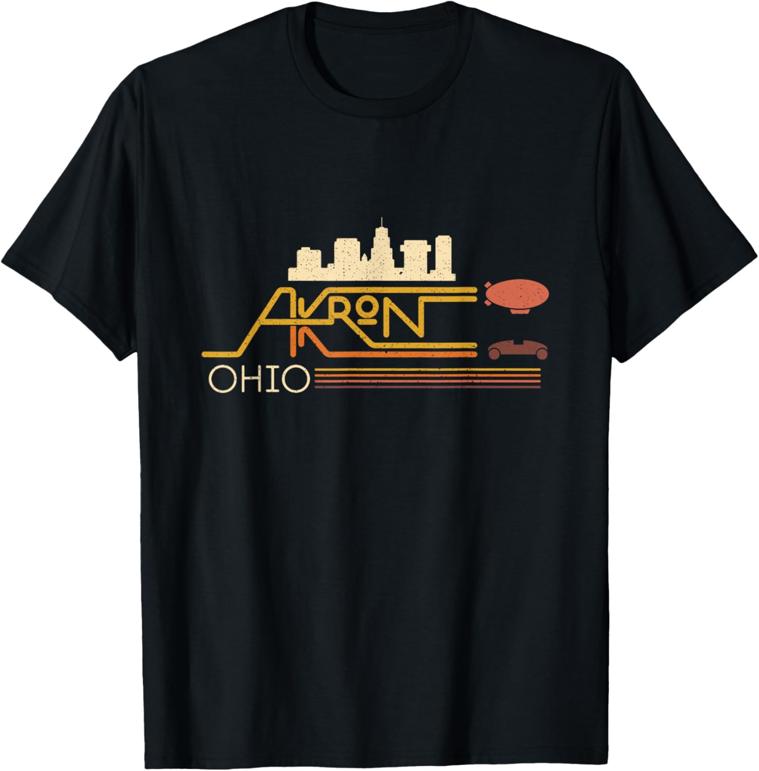 Vintage Akron Ohio Skyline With Akron Blimp On Retro Stripes T-Shirt