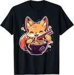 Cute Japanese Anime Kawaii Fox Eating Ramen Kids Girls Teens T-Shirt
