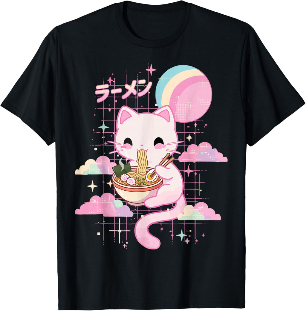 Cat Eating Ramen Kawaii Pink Anime T-Shirt
