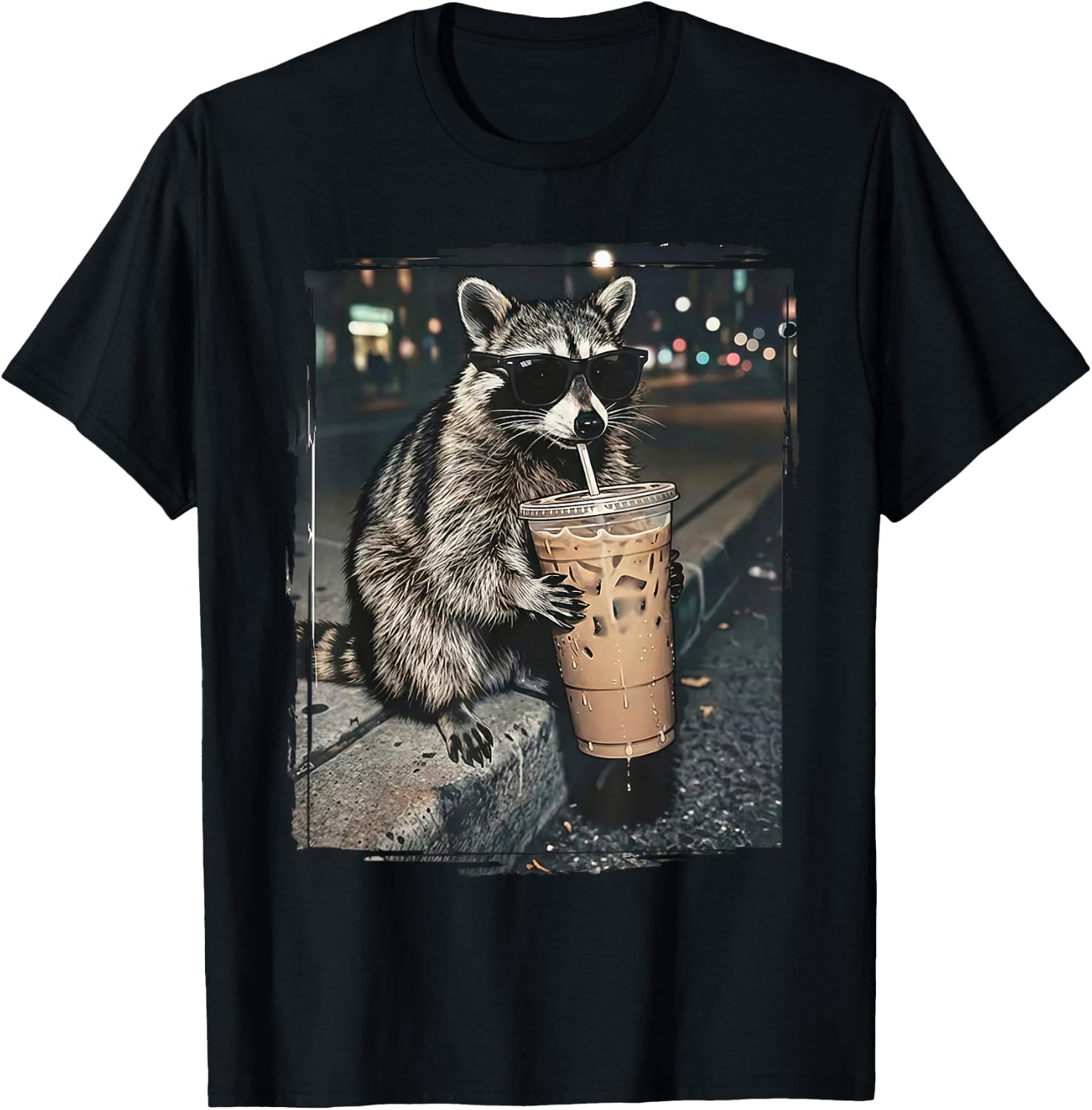 Raccoon Drinking Iced Coffee Funny Animal Meme Men Women T-Shirt