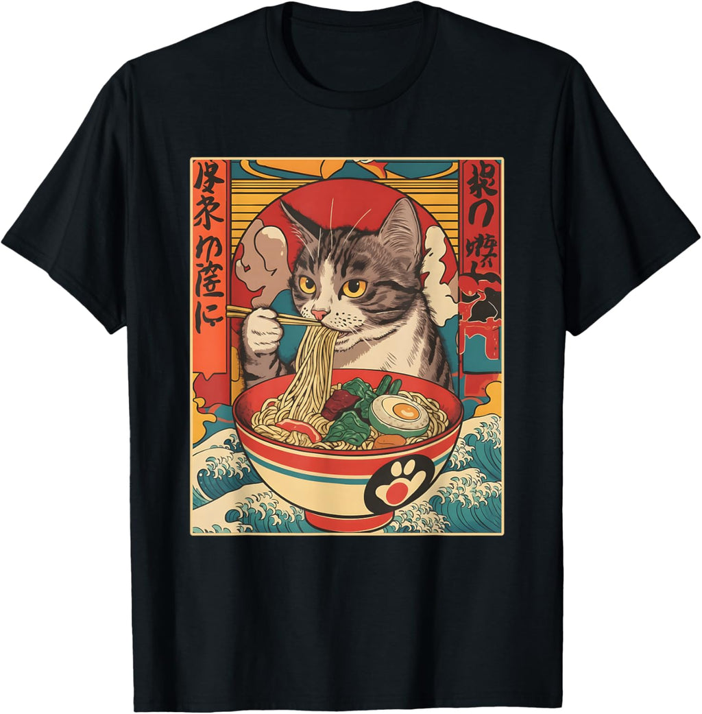 Kawaii Cat Eating Ramen Noodles Funny Anime Gift Girls Teens T-Shirt