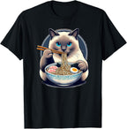 Kawaii Siamese Cat Eating Ramen Japanese Noodles T-Shirt