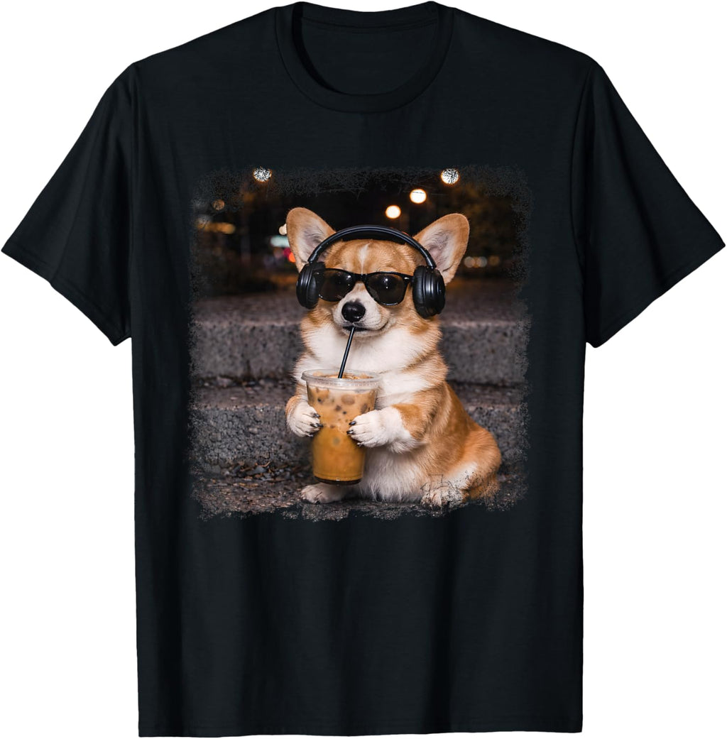Corgi Drinking Iced Coffee Lover Humor Funny Meme T-Shirt