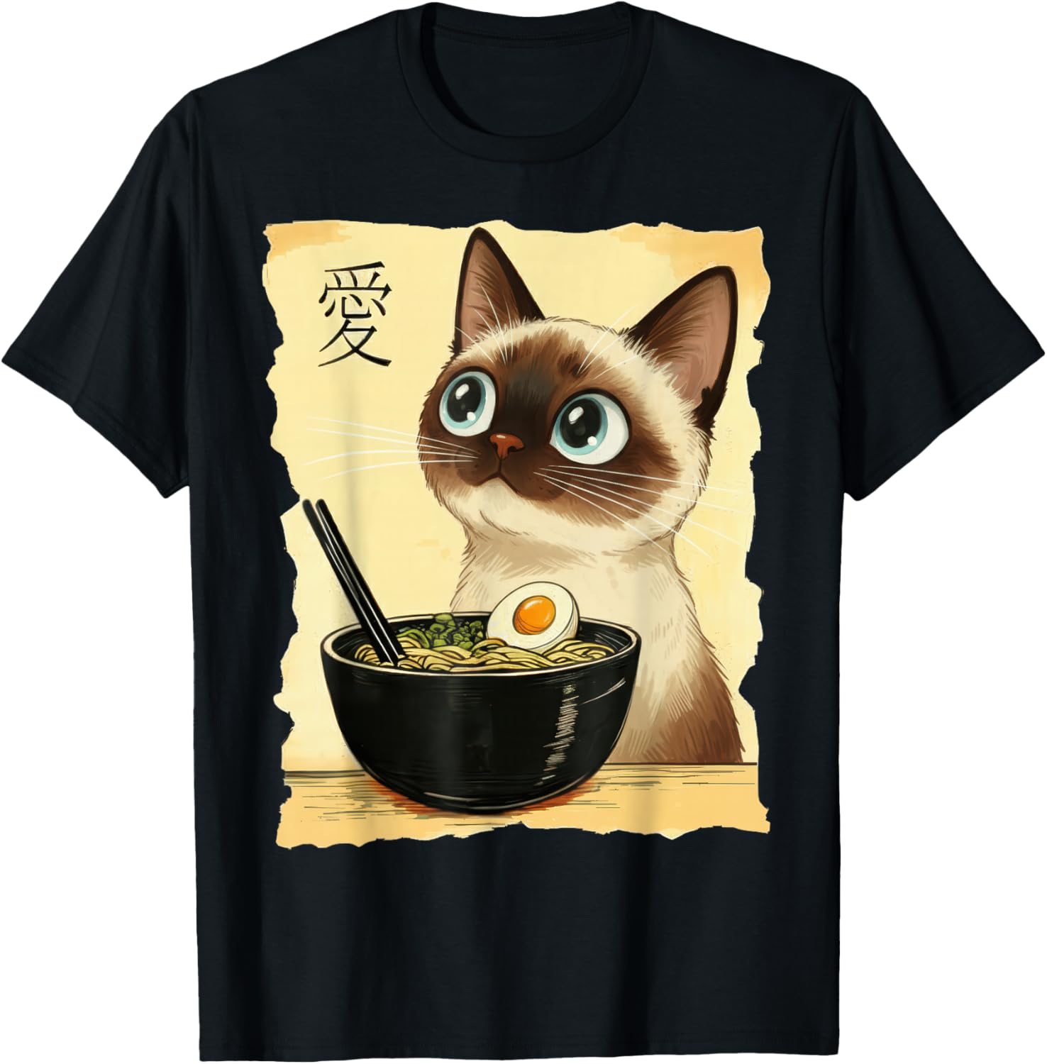 Funny Siamese Cat Eating Ramen Noodles Japanese Art Lovers T-Shirt