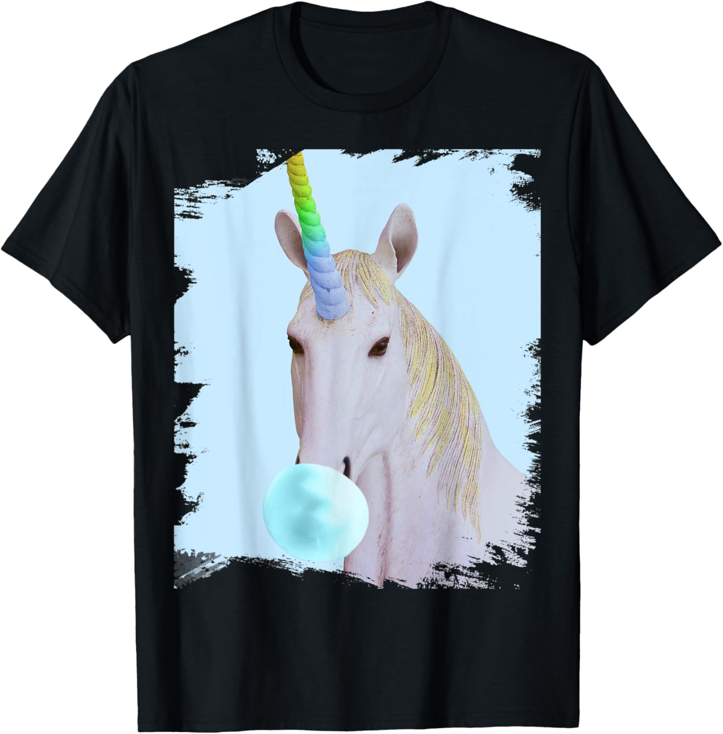 Cute rainbow unicorn that chews blue chewing gum T-Shirt