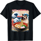 Siamese Cat Eating Ramen Noodles Ocean Waves Japanese Art T-Shirt