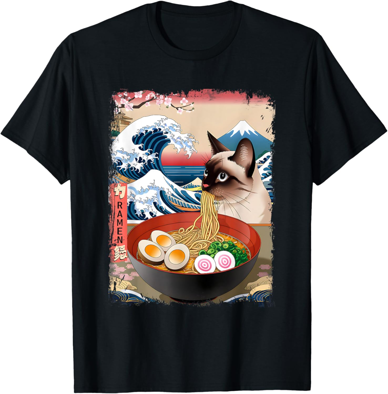 Siamese Cat Eating Ramen Noodles Ocean Waves Japanese Art T-Shirt