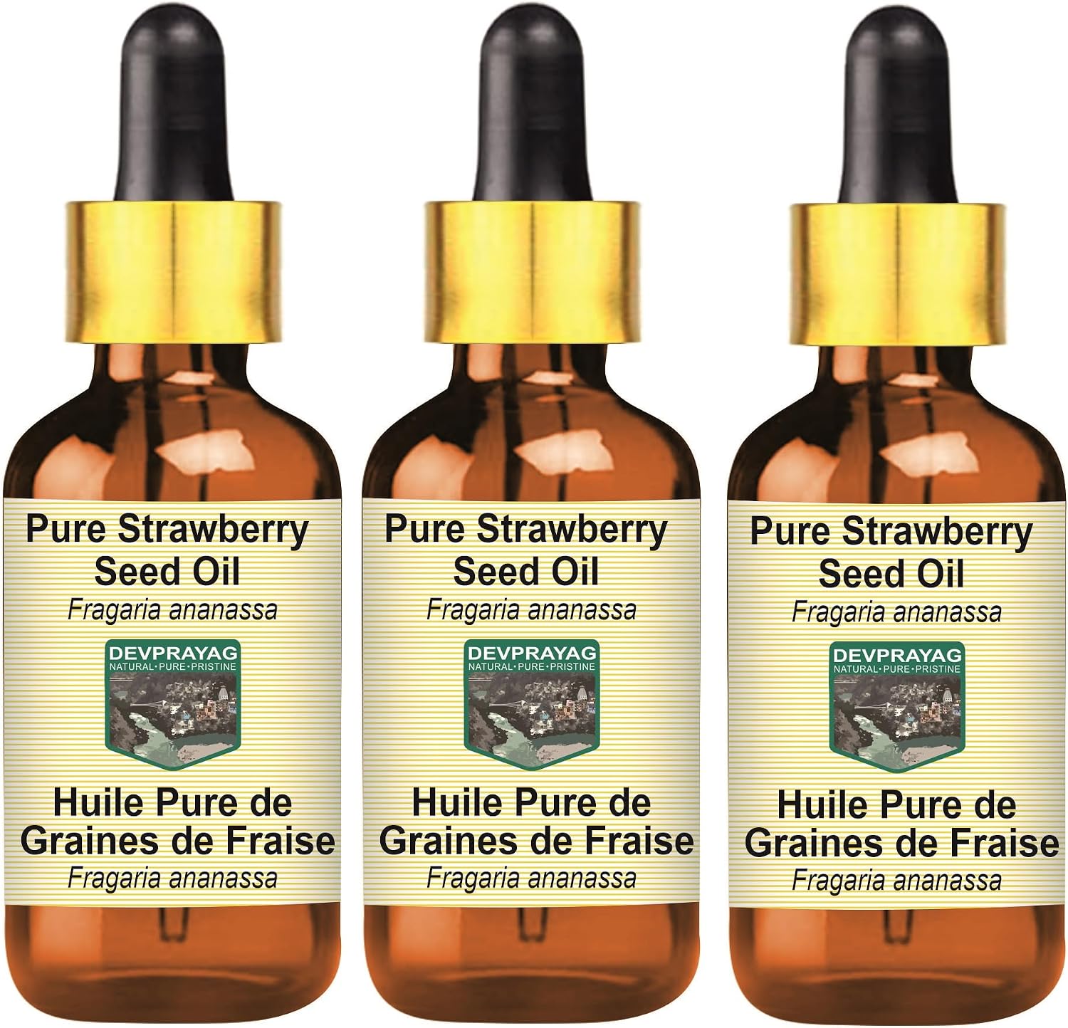 Pure Strawberry Seed Oil (Fragaria ananassa) with Glass Dropper (Pack of Three) 100mlx3 (10 oz)