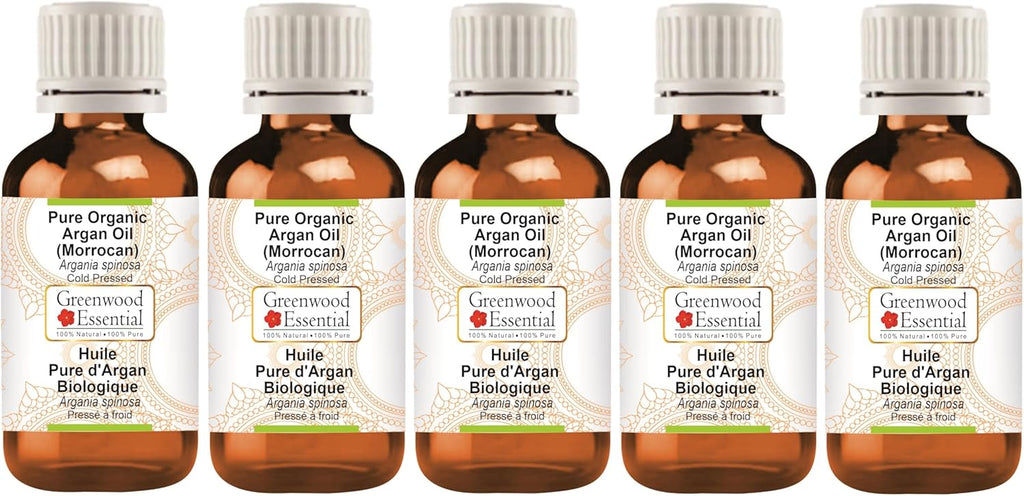 Greenwood Essential Pure Organic Argan (Moroccan) Oil (Argania spinosa) Cold Pressed (Pack of Five) 100ml X 5 (16.9 oz)